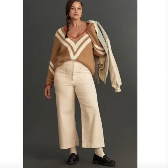 Anthropologie Maeve Colette Corduroy Full Length Wide Leg Pant Size 22W Ivory - Picture 1 of 13